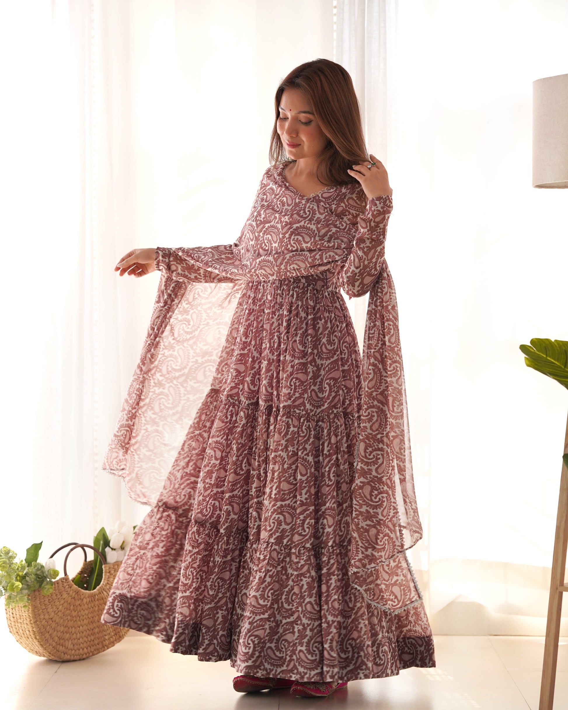 Lorenvalley Women Pure Soft Faux Georgette Floral Print Fully Flair Anarkali Kurta Pant With Dupatta Set - Peach 