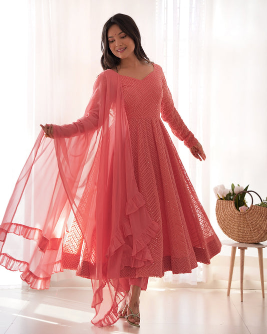 Lorenvalley Peach Faux Georgette Lukhnowi Sequence Work Anarkali Kurta Pant With Dupatta Set 