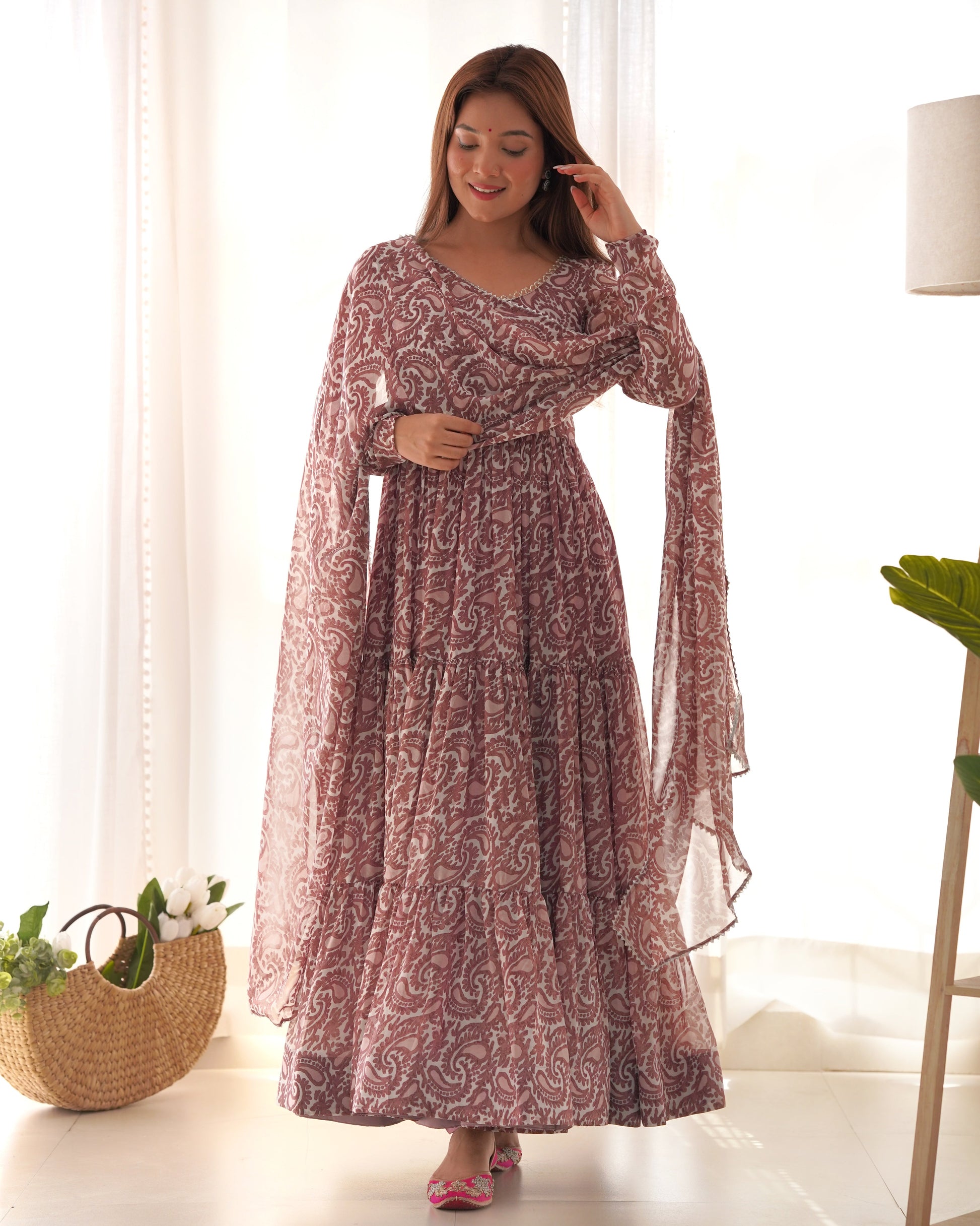 Lorenvalley Women Pure Soft Faux Georgette Floral Print Fully Flair Anarkali Kurta Pant With Dupatta Set - Peach 