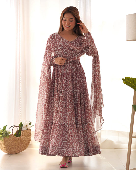 Lorenvalley Women Pure Soft Faux Georgette Floral Print Fully Flair Anarkali Kurta Pant With Dupatta Set - Peach 