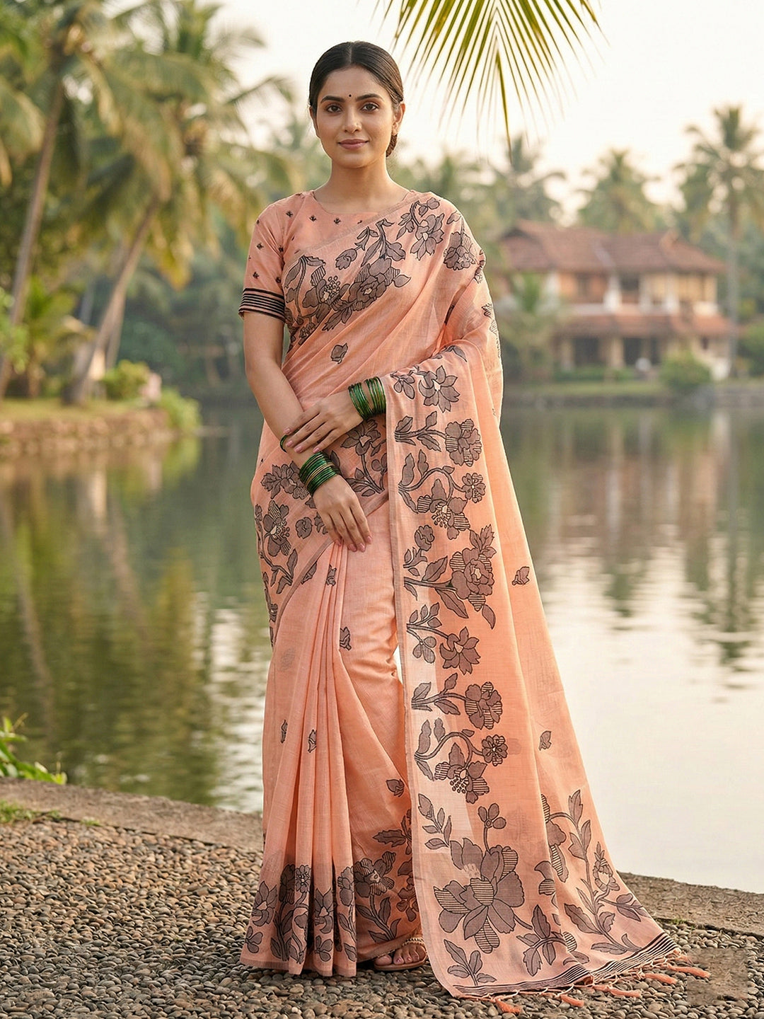 Anaita Peach Linen Printed Saree With Blouse