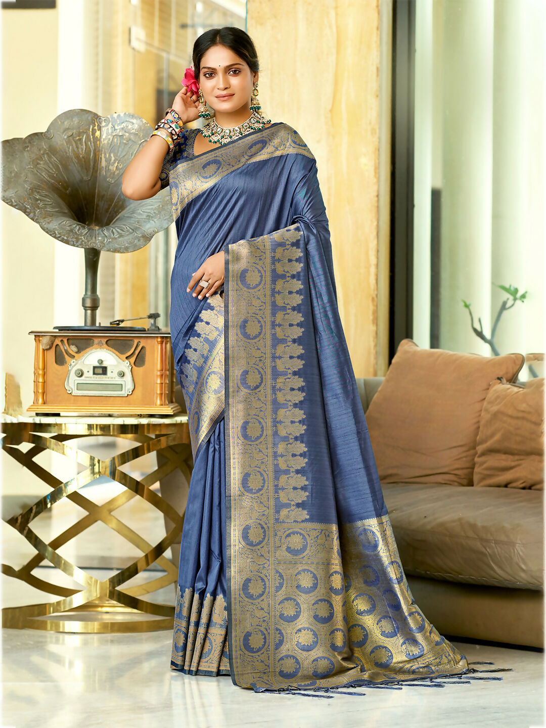 Sangam Prints Navy Blue Assam Silk Woven Work Traditional Saree