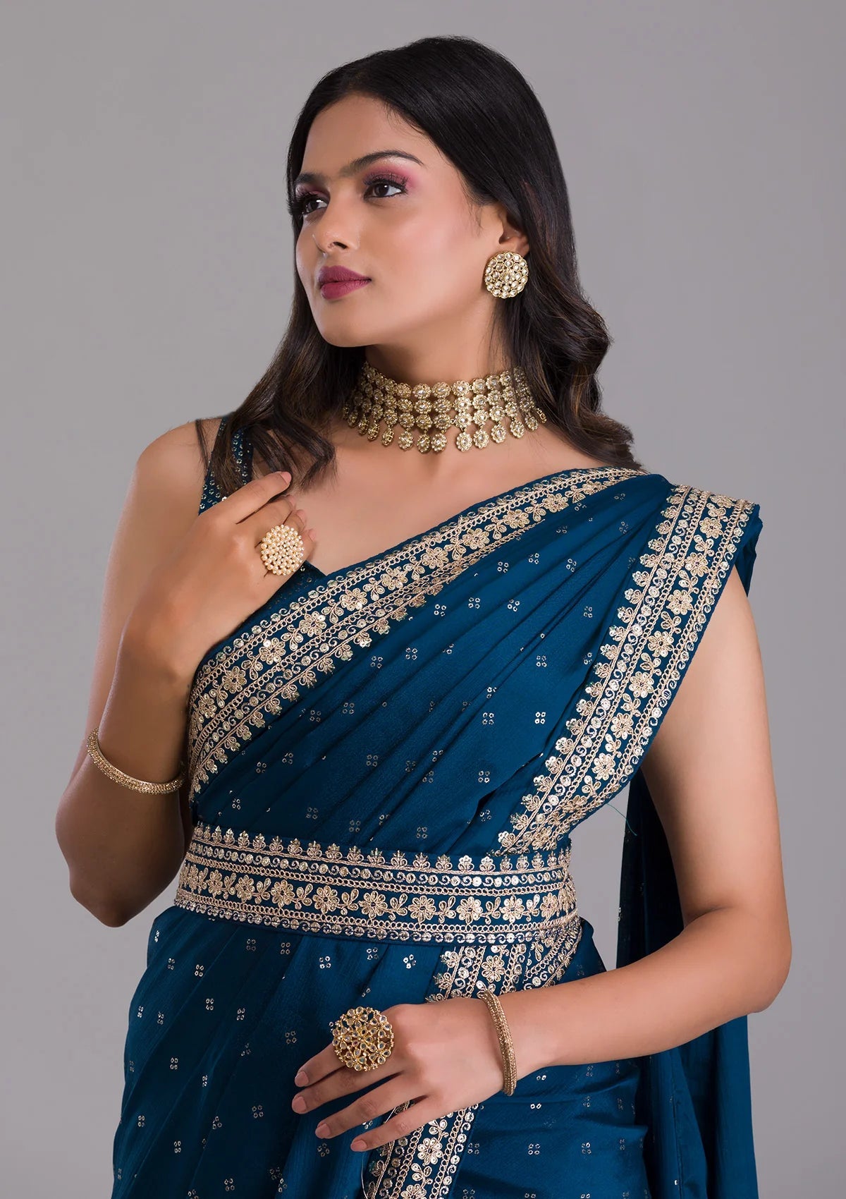 Teeya Creation Petrol Color Chinnon Silk Heavy Embroidery Work Saree