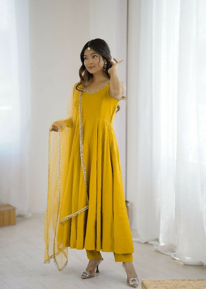 Joban Fashion Yellow Kurta Set Chanderi Sequence Embroidery Work 