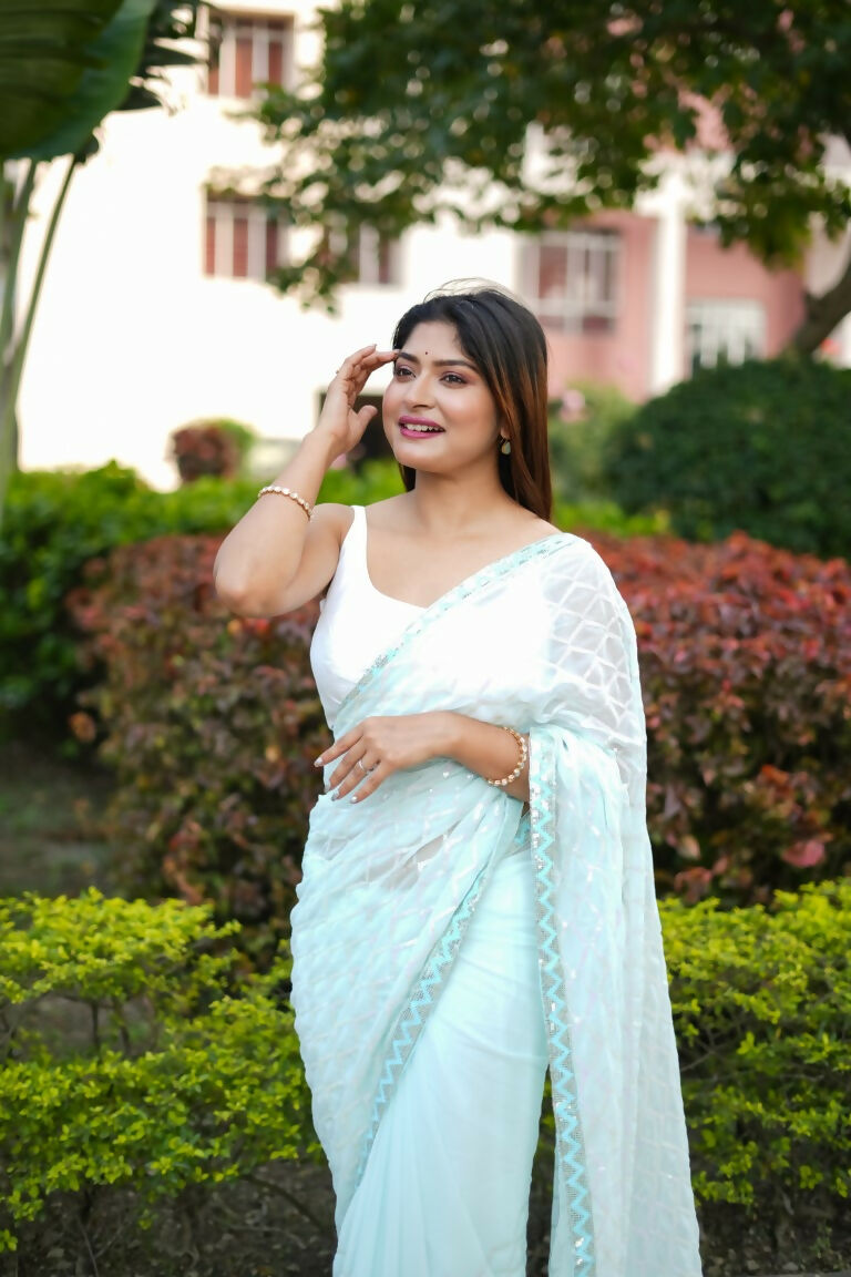 Light Blue Georgette Sequance Embroidery Work Saree with Unstitched Blouse - Vandini