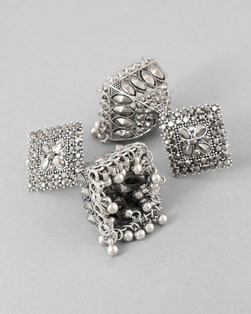 VOJ Black-Toned AD Studded Dome Shaped Jhumkas Earrings - Grab2buy