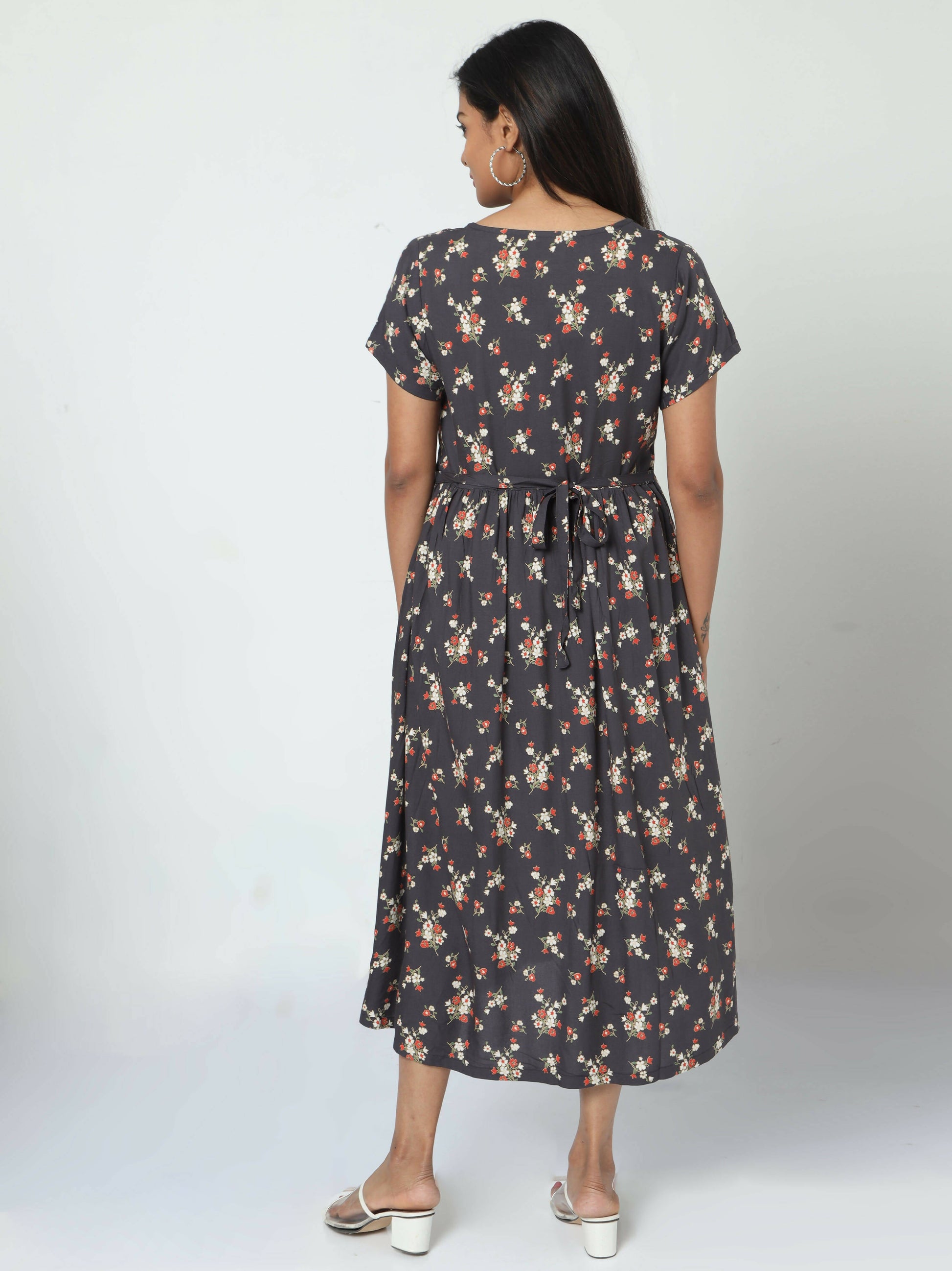 Manet Short Sleeves Maternity Dress Floral Print With Concealed Zipper Nursing Access - Navy Blue