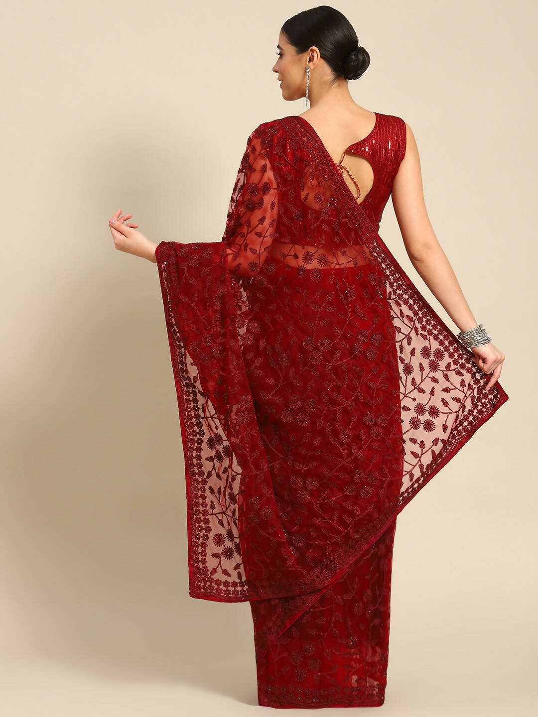 Maroon Woven Design Net Saree with Blouse Piece - Kalamkari