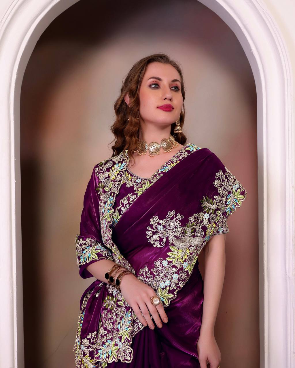 Teeya Creation Wine Color Zimichhu Silk Heavy Work Saree