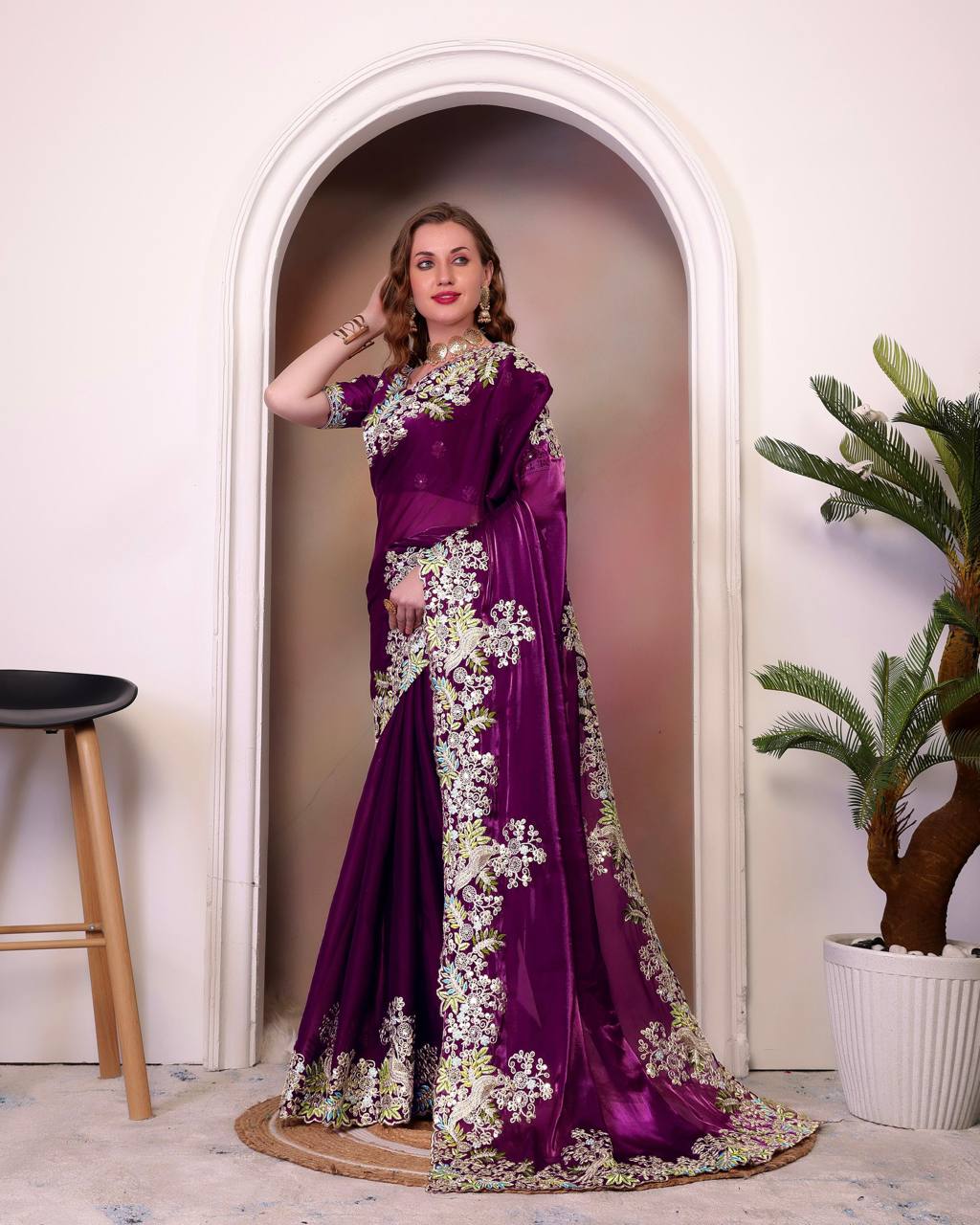 Teeya Creation Wine Color Zimichhu Silk Heavy Work Saree