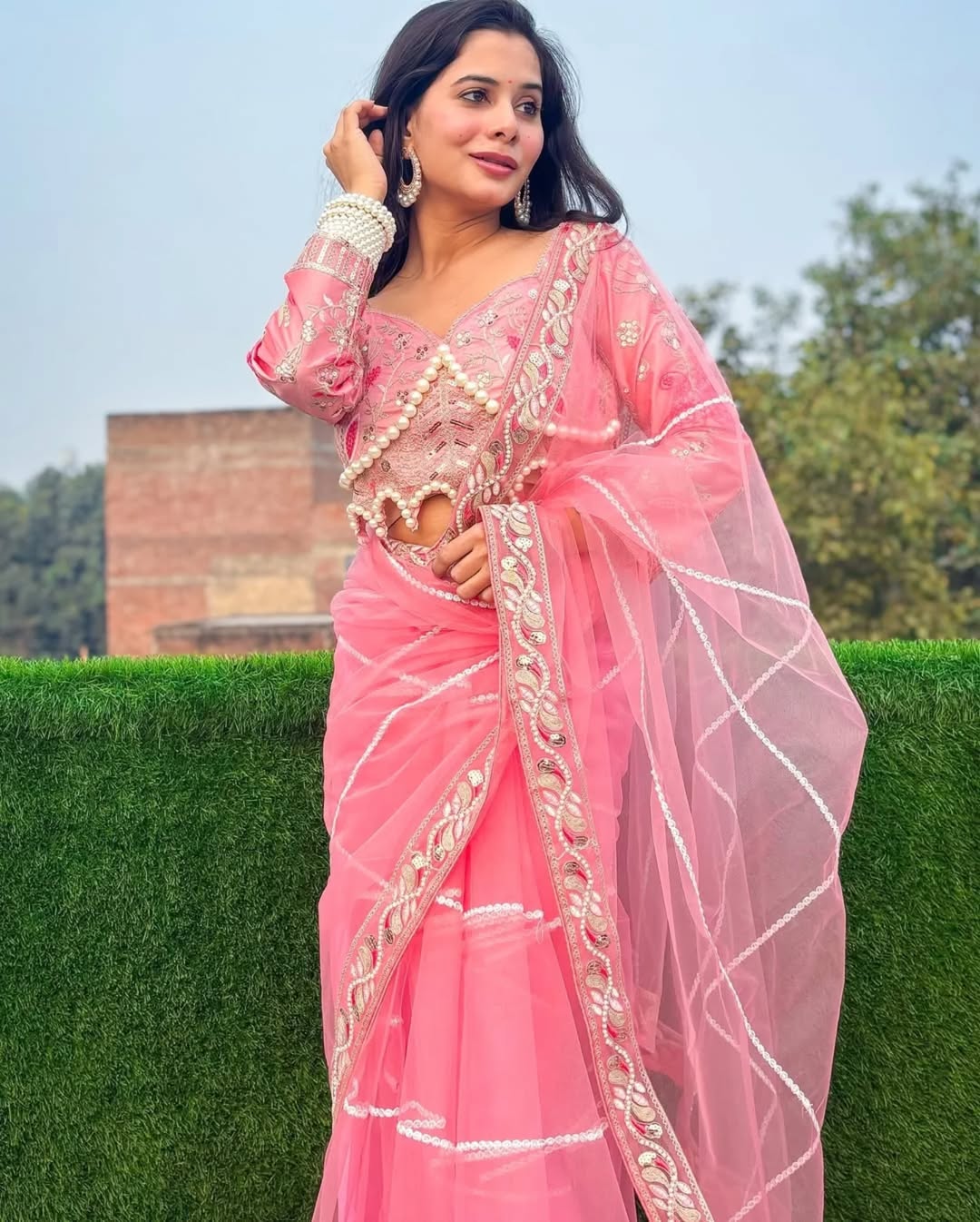 Teeya Creation Light Pink Color Net Fabric Pearl Work Heavy Embroidery Work Saree