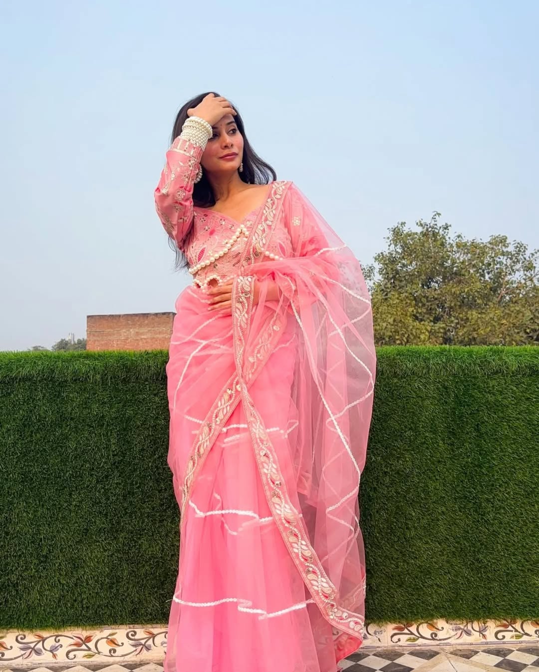 Teeya Creation Light Pink Color Net Fabric Pearl Work Heavy Embroidery Work Saree