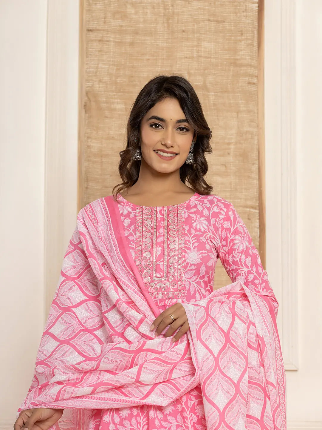 Yufta Pink Floral Print Anarkali Style Kurta And Trousers With Dupatta Set | Grab2Buy