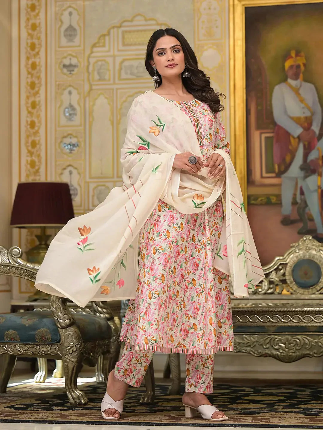 Yufta Pink Leaf Print Zari Work Anarkali Kurta Trouser With Dupatta Set | Grab2Buy