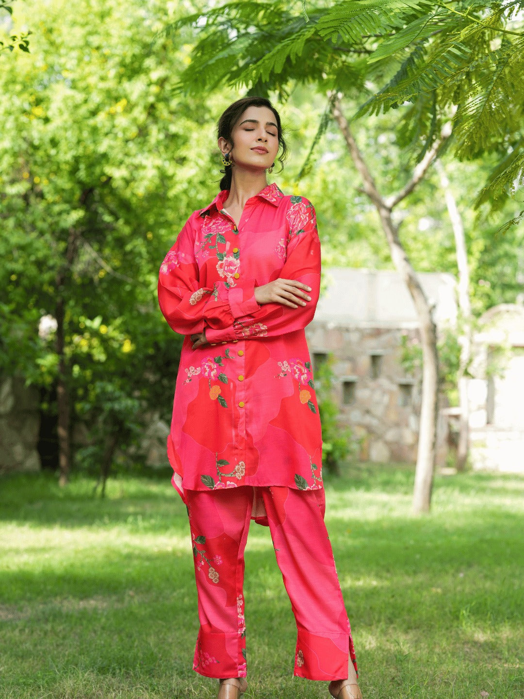 Yufta Pink Printed Shirt with Trousers Co-Ords 
