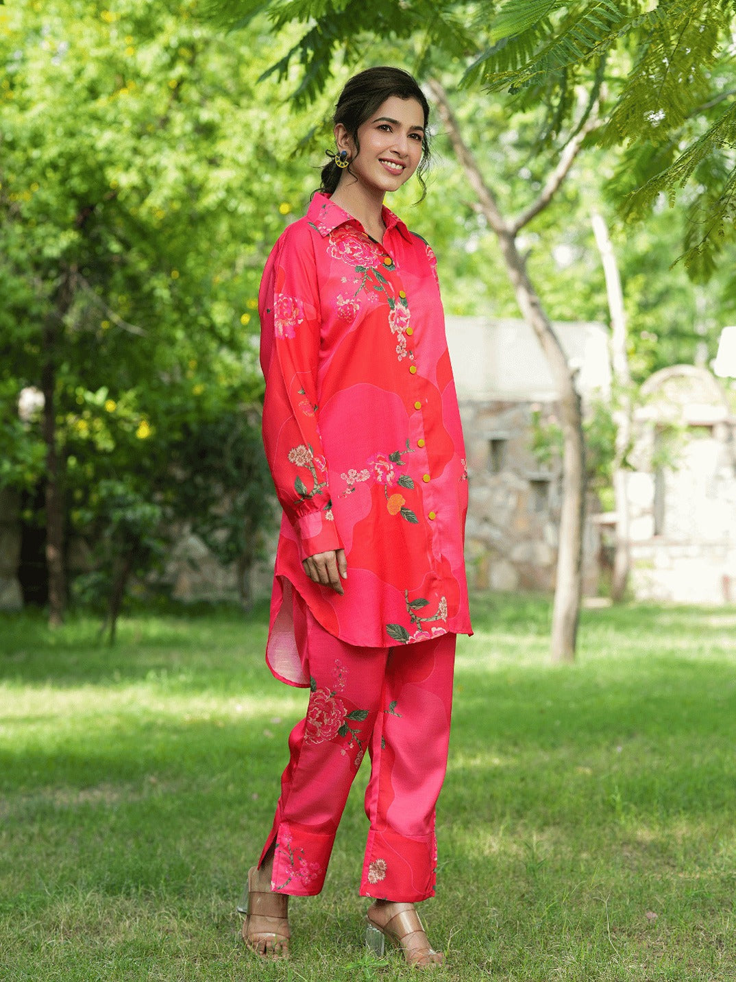 Yufta Pink Printed Shirt with Trousers Co-Ords 