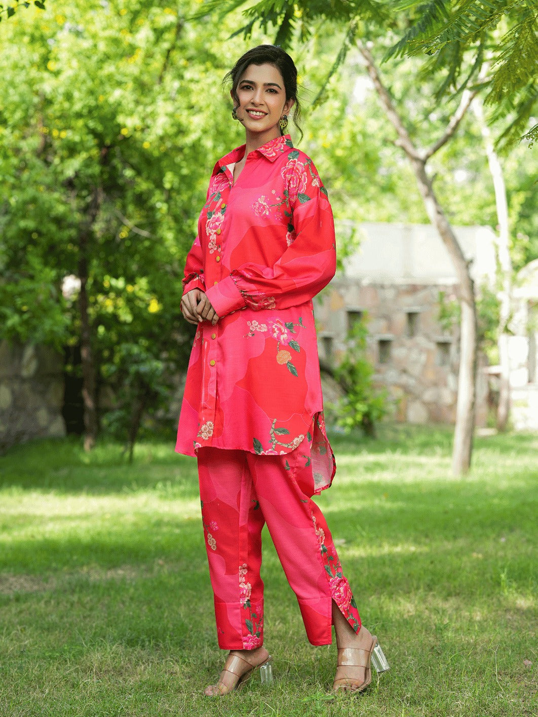 Yufta Pink Printed Shirt with Trousers Co-Ords 