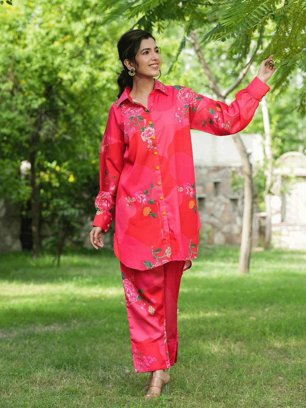 Yufta Pink Printed Shirt with Trousers Co-Ords 