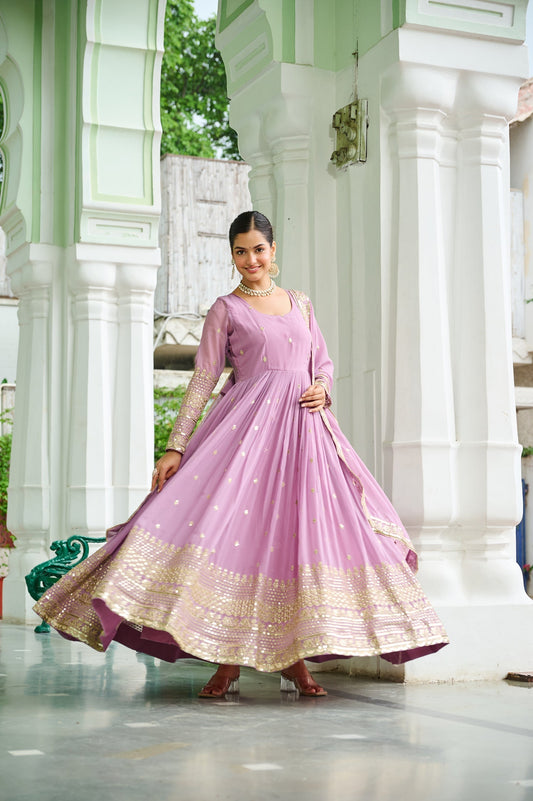Lorenvalley Fashion Pink Faux Georgette with Embroidered work Anarkali Gown with Dupatta 