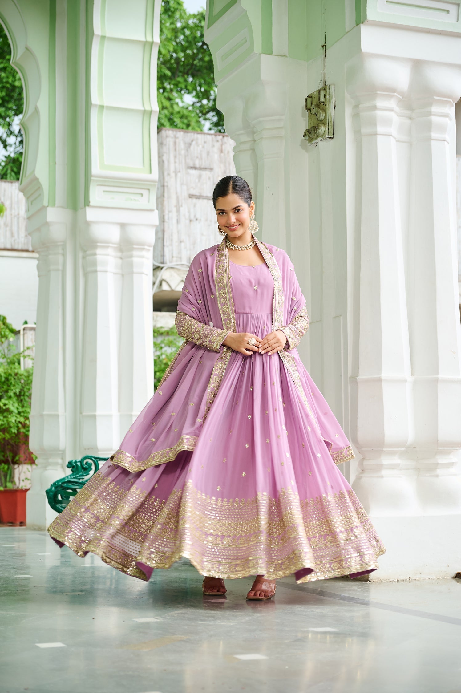 Lorenvalley Fashion Pink Faux Georgette with Embroidered work Anarkali Gown with Dupatta 