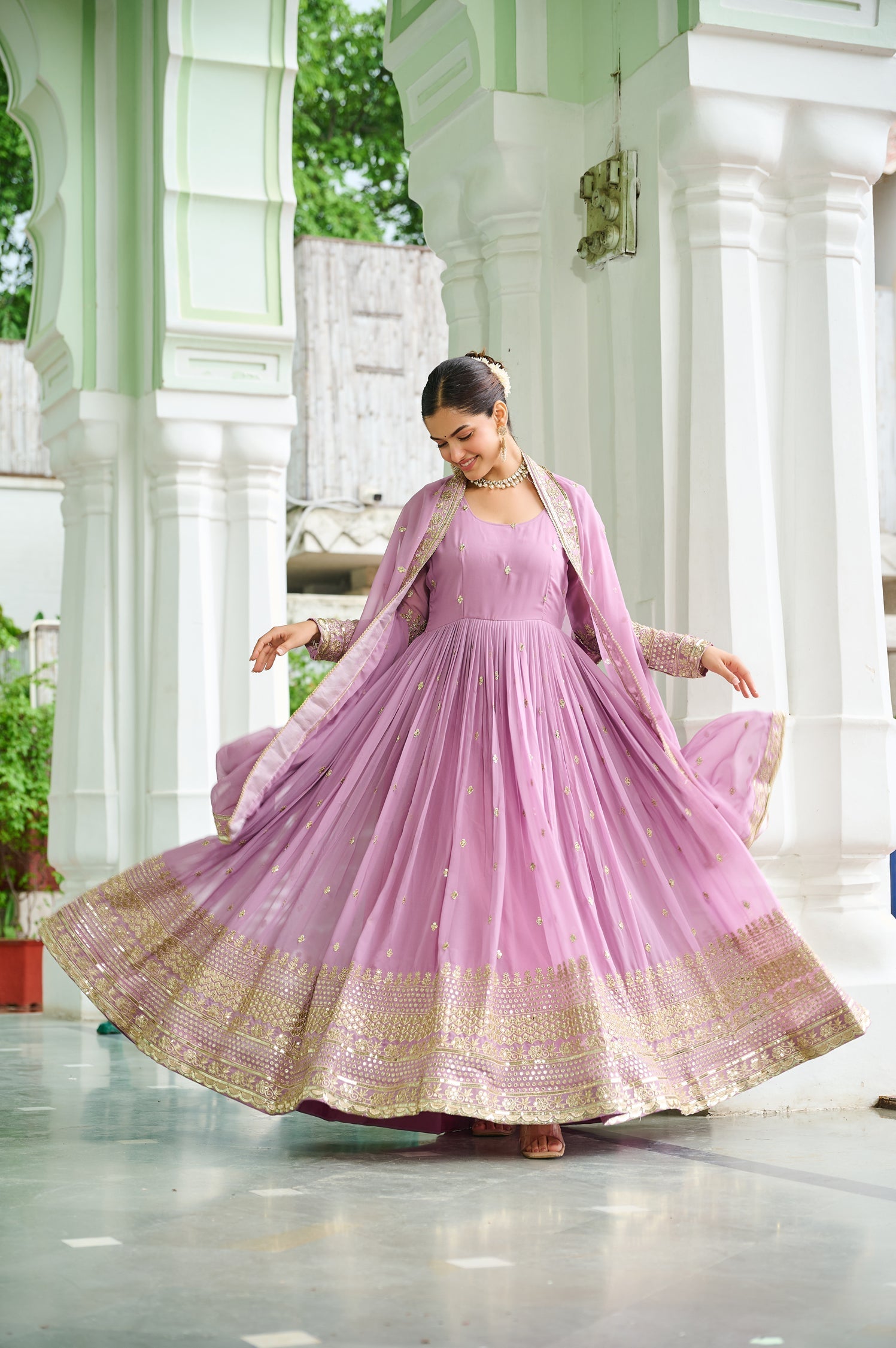 Lorenvalley Fashion Pink Faux Georgette with Embroidered work Anarkali Gown with Dupatta 