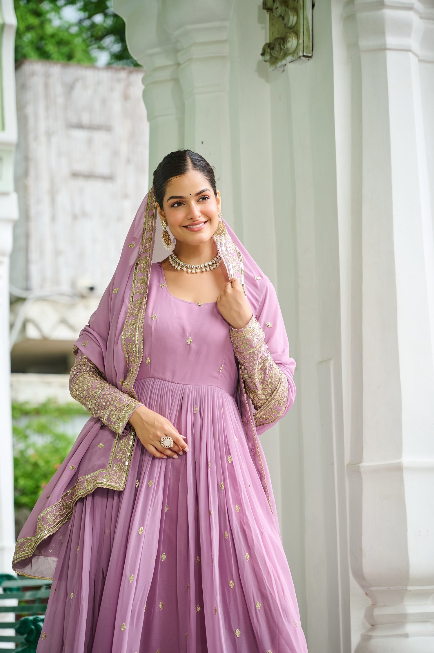 Lorenvalley Fashion Pink Faux Georgette with Embroidered work Anarkali Gown with Dupatta 