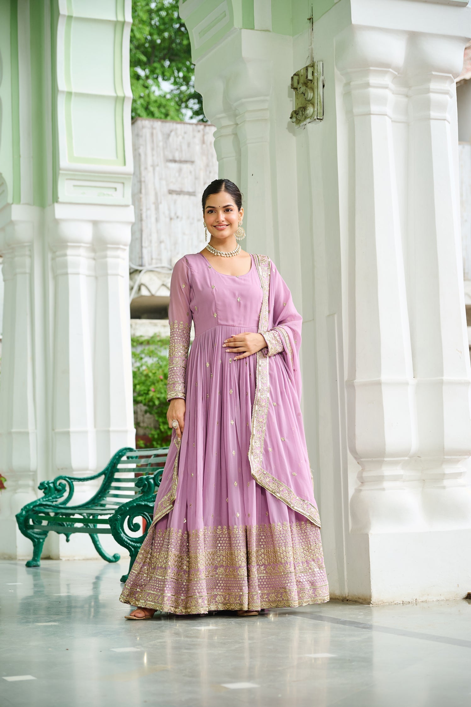 Lorenvalley Fashion Pink Faux Georgette with Embroidered work Anarkali Gown with Dupatta 