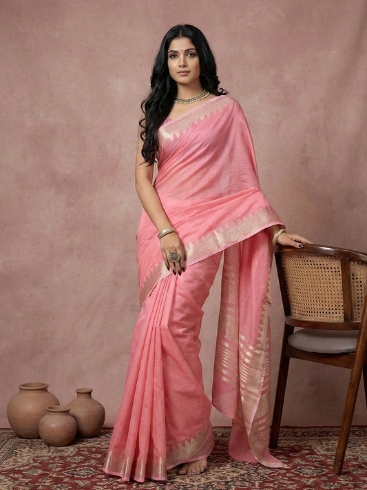 Anaita Pink Cotton Saree With Blouse