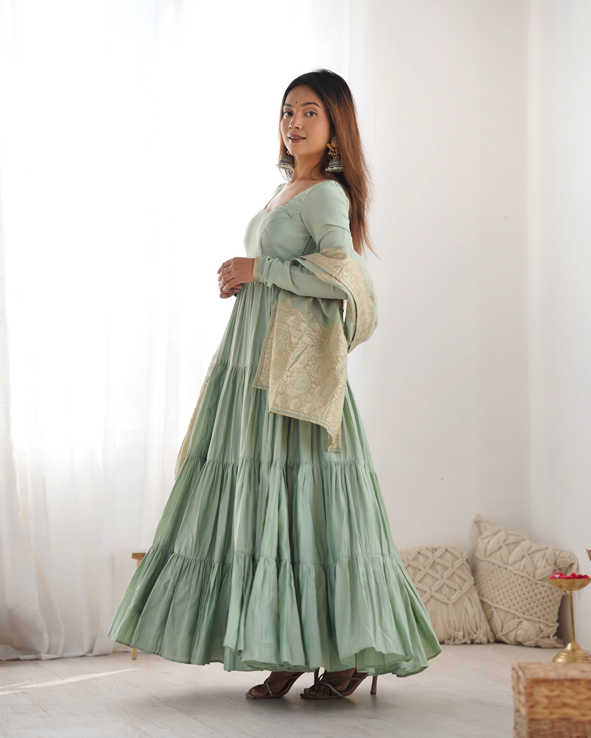 Lorenvalley Women Pure Roman silk Chanderi Fabric Layer Gathering Anarkali Kurta Pant With Dupatta Set