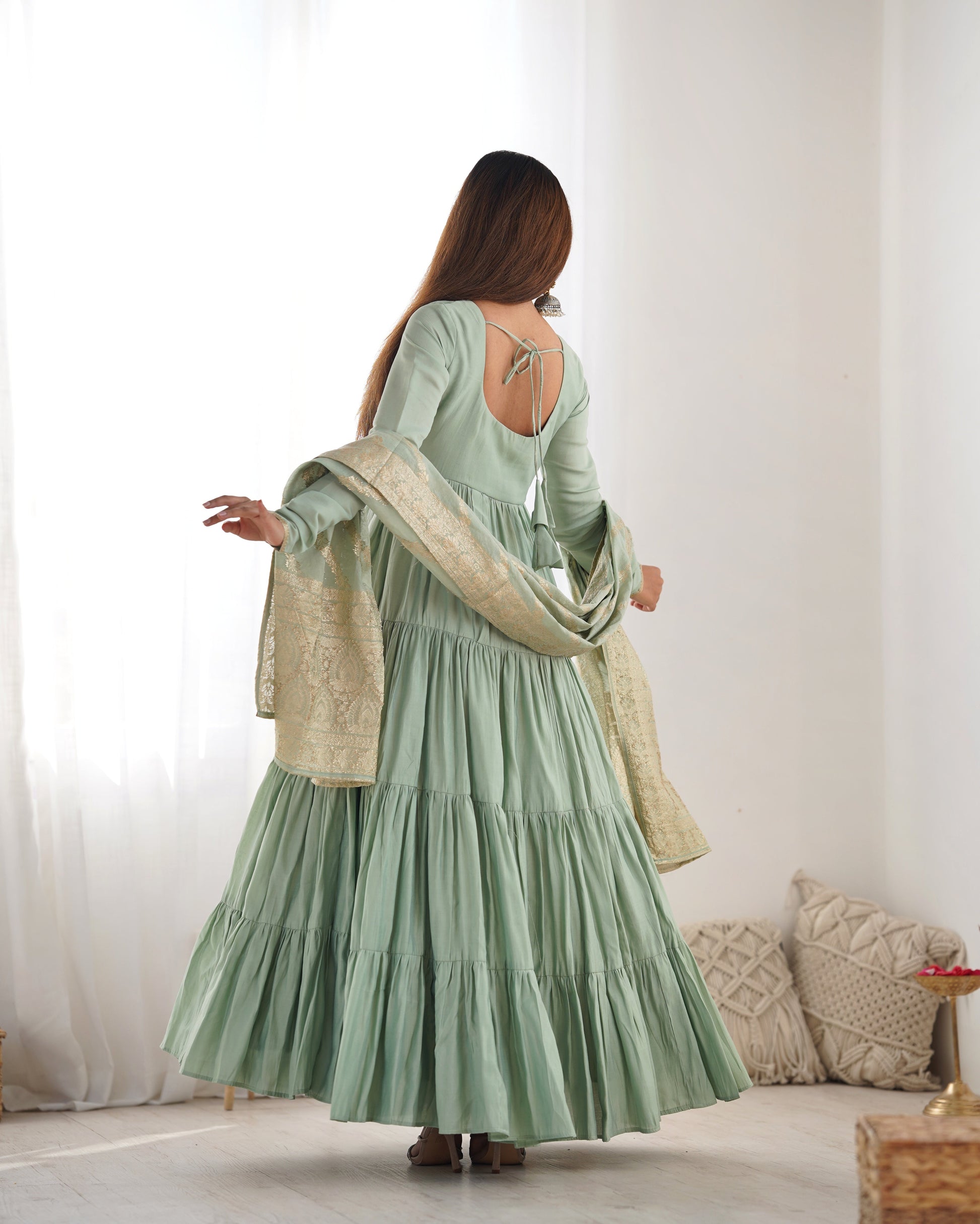 Lorenvalley Women Pure Roman silk Chanderi Fabric Layer Gathering Anarkali Kurta Pant With Dupatta Set
