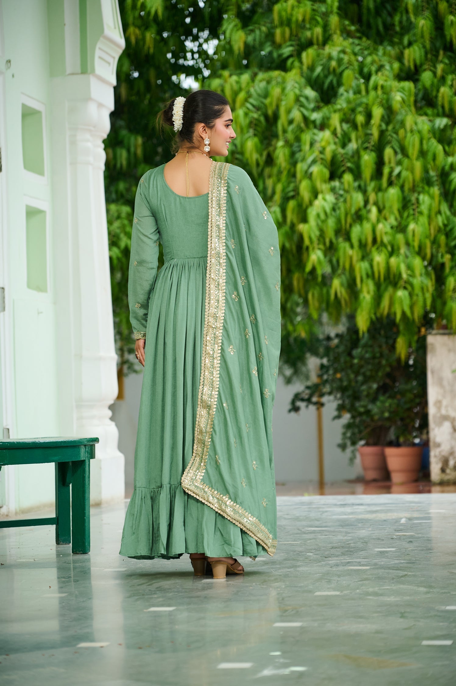 Lorenvalley Fashion Pista Vichitra Silk with Embroidered Zari & Thread work Anarkali Gown with Dupatta 