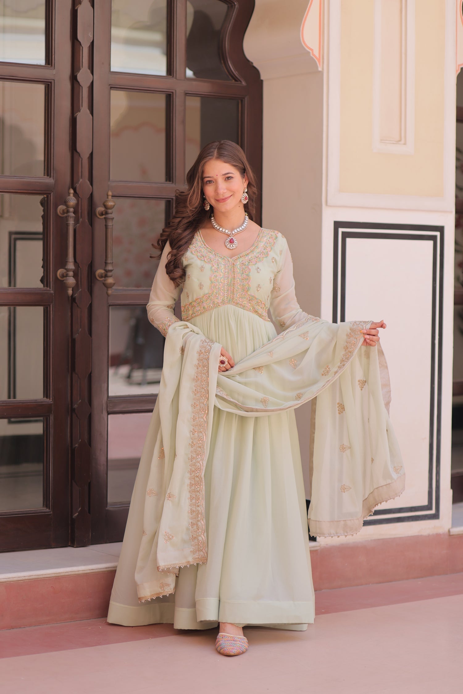 Lorenvalley Fashion Pista Star Georgette with Beads & Sequins Multi Embroidered work Anarkali Gown with Dupatta 