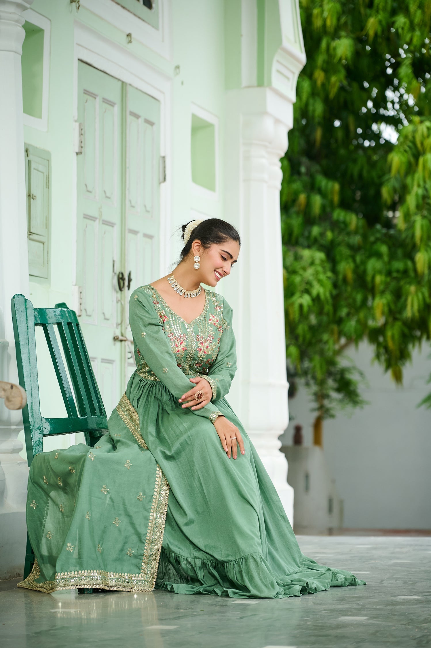 Lorenvalley Fashion Pista Vichitra Silk with Embroidered Zari & Thread work Anarkali Gown with Dupatta 