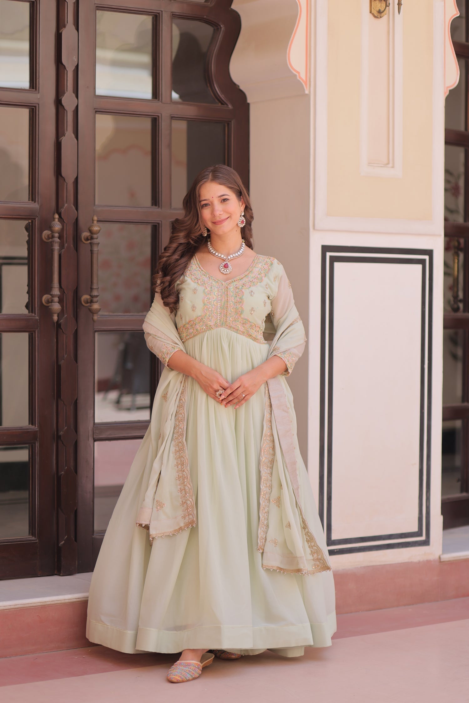 Lorenvalley Fashion Pista Star Georgette with Beads & Sequins Multi Embroidered work Anarkali Gown with Dupatta 