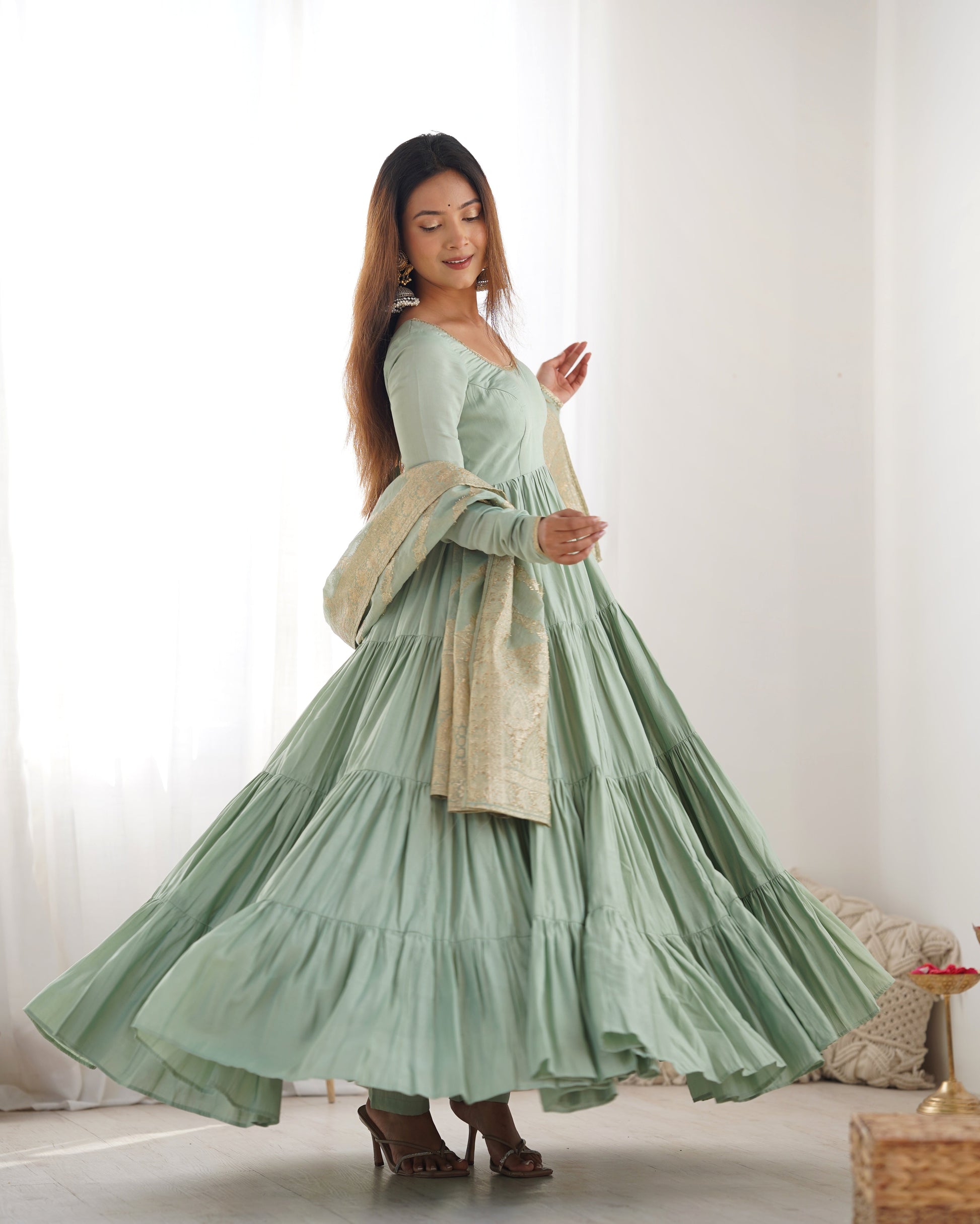 Lorenvalley Women Pure Roman silk Chanderi Fabric Layer Gathering Anarkali Kurta Pant With Dupatta Set