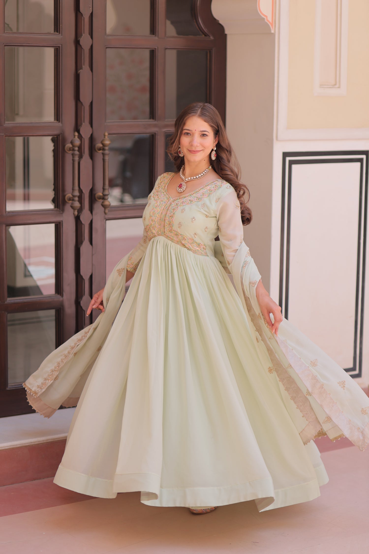 Lorenvalley Fashion Pista Star Georgette with Beads & Sequins Multi Embroidered work Anarkali Gown with Dupatta 