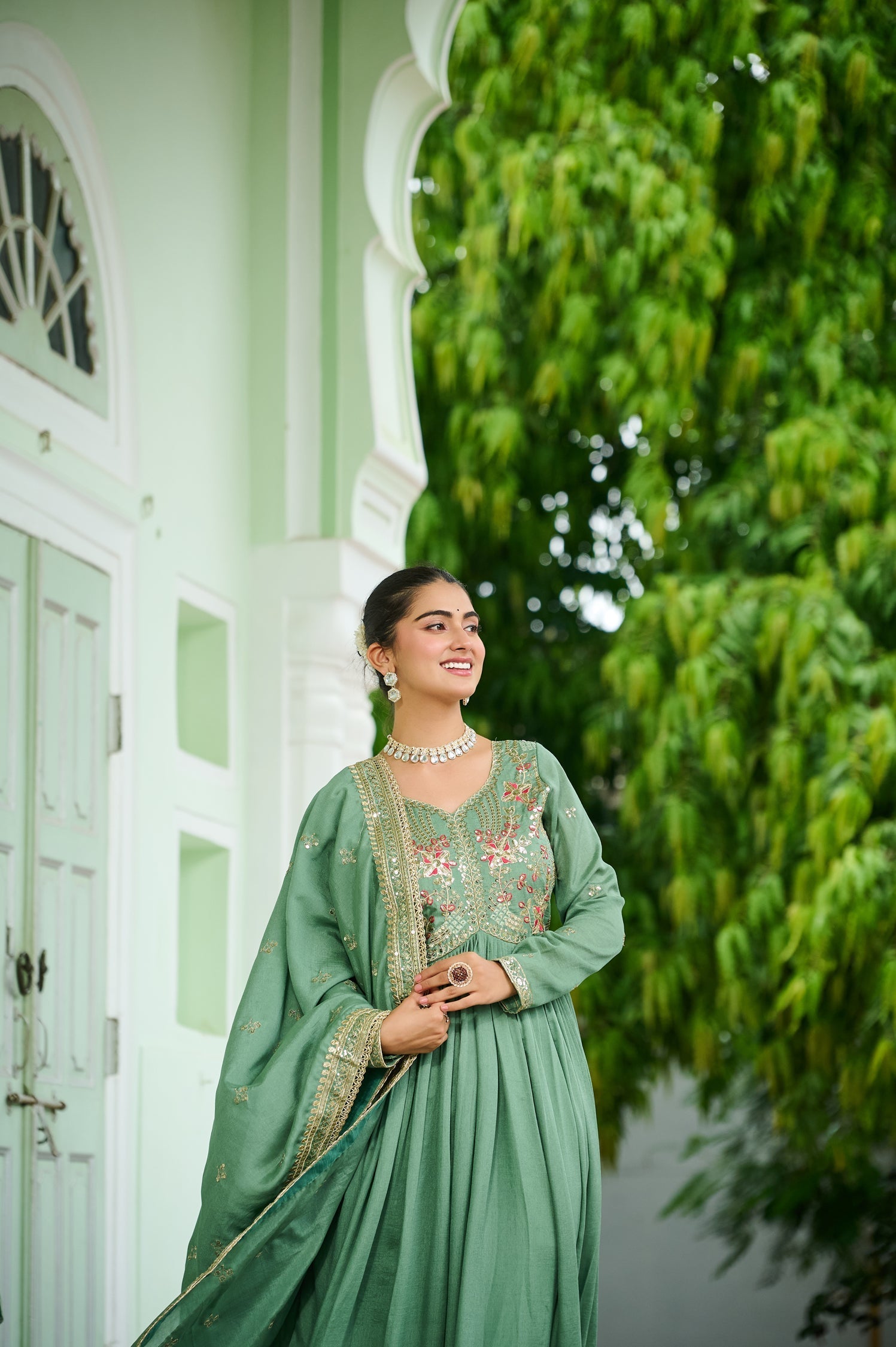 Lorenvalley Fashion Pista Vichitra Silk with Embroidered Zari & Thread work Anarkali Gown with Dupatta 
