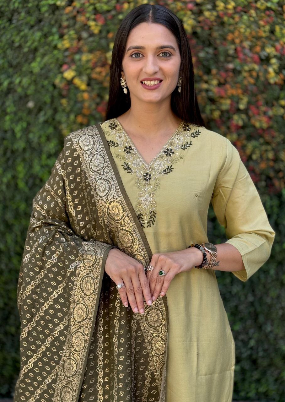 Lorenvalley Fashion Pista Roman Silk Hand Work Kurta Pant with Dupatta