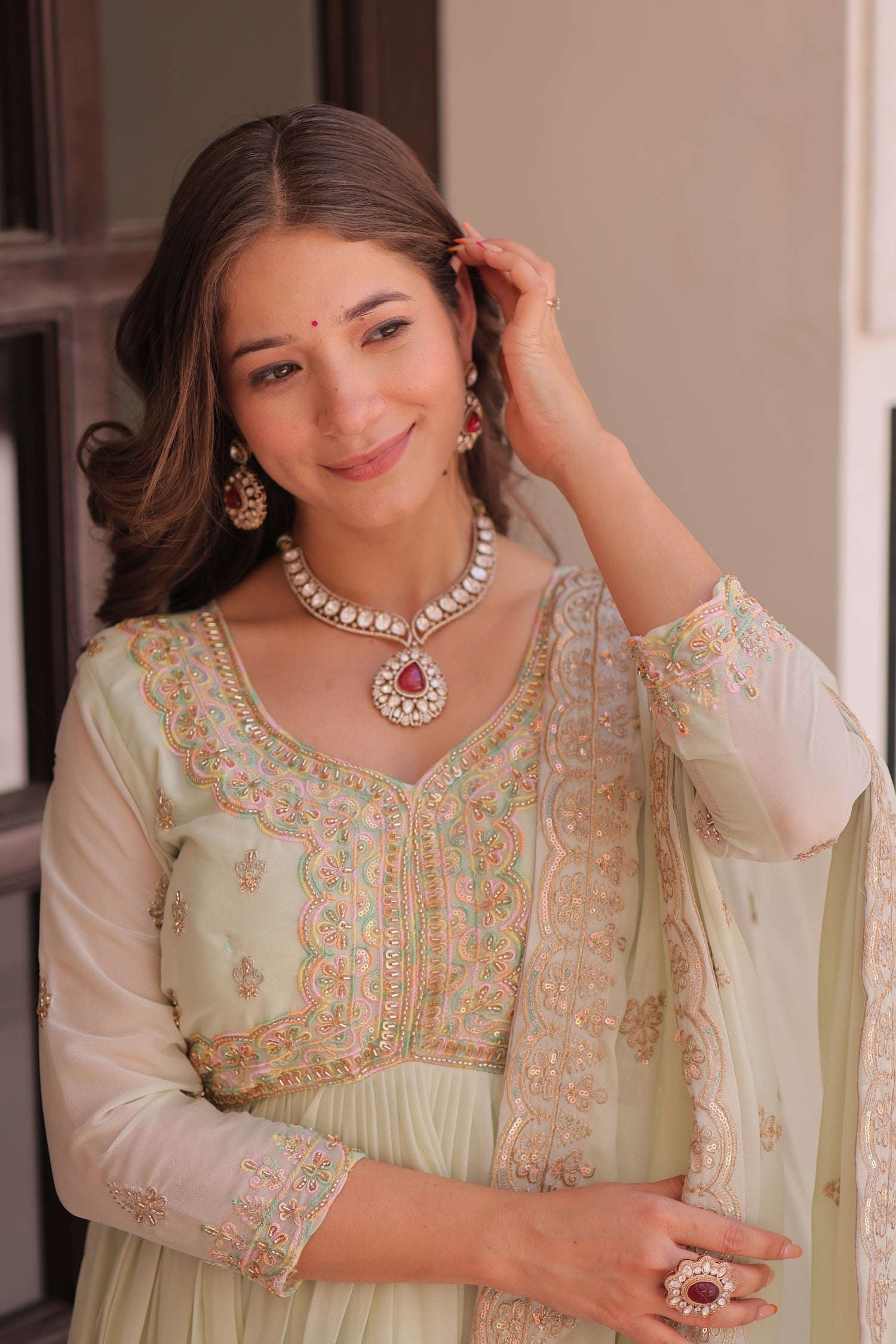 Lorenvalley Fashion Pista Star Georgette with Beads & Sequins Multi Embroidered work Anarkali Gown with Dupatta 