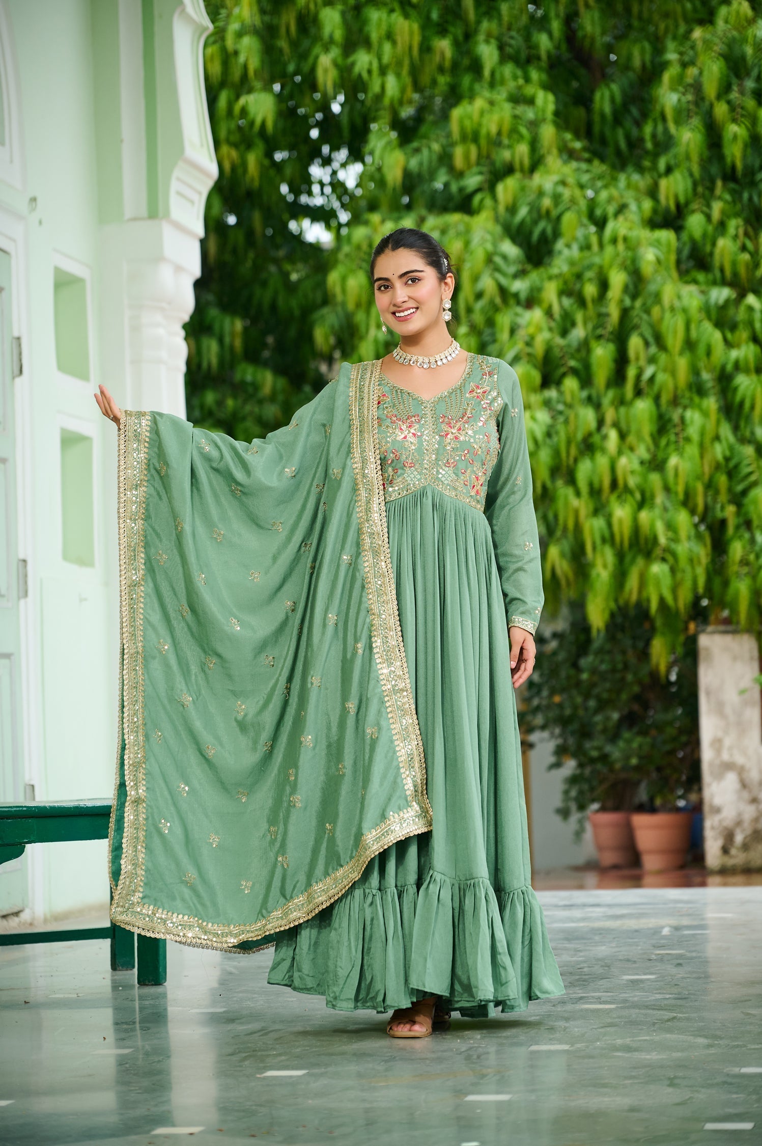 Lorenvalley Fashion Pista Vichitra Silk with Embroidered Zari & Thread work Anarkali Gown with Dupatta 