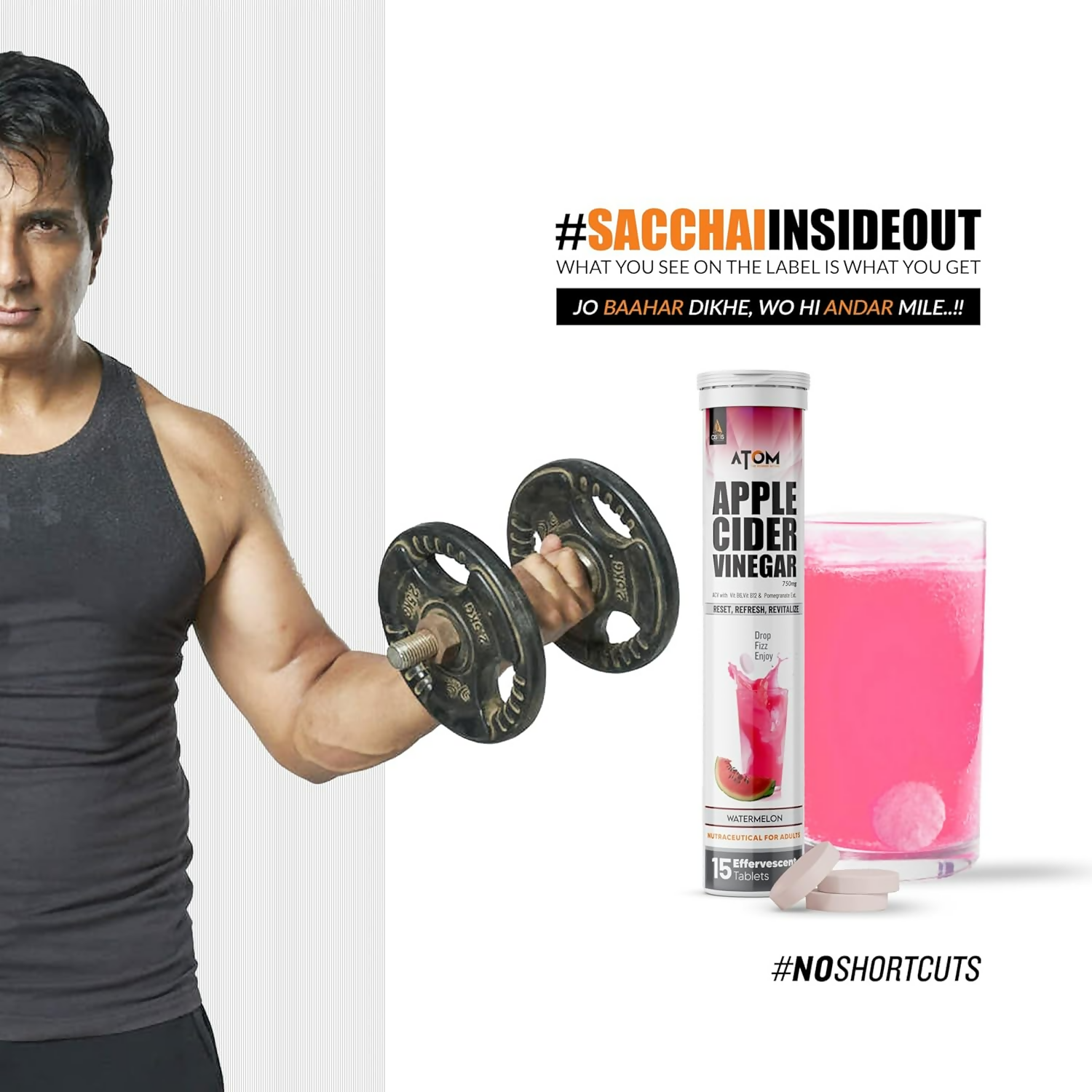 As-It-Is Atom Apple Cider Vinegar Effervescent Tablets Water Melon Flavor For Weight Loss 