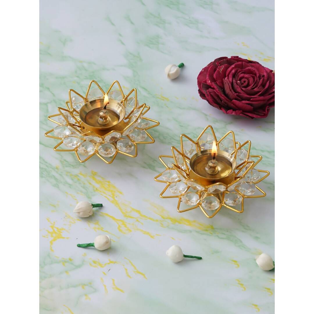 Grab2Buy Gold-Toned & White 2 Pieces Crystal Lotus Shape Brass Diyas 