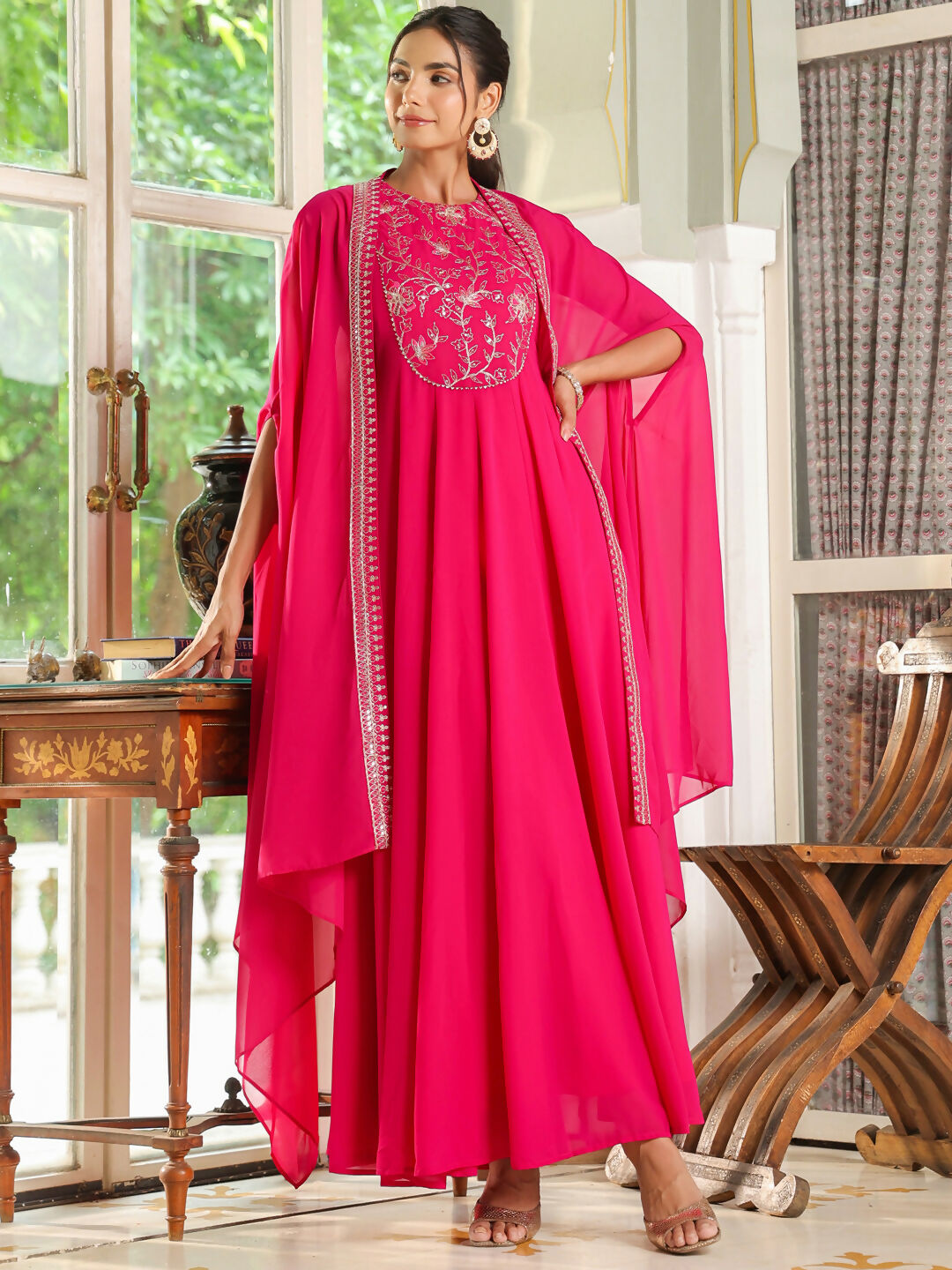 Janasya Pink Georgette Embroidered Dress & Cape 