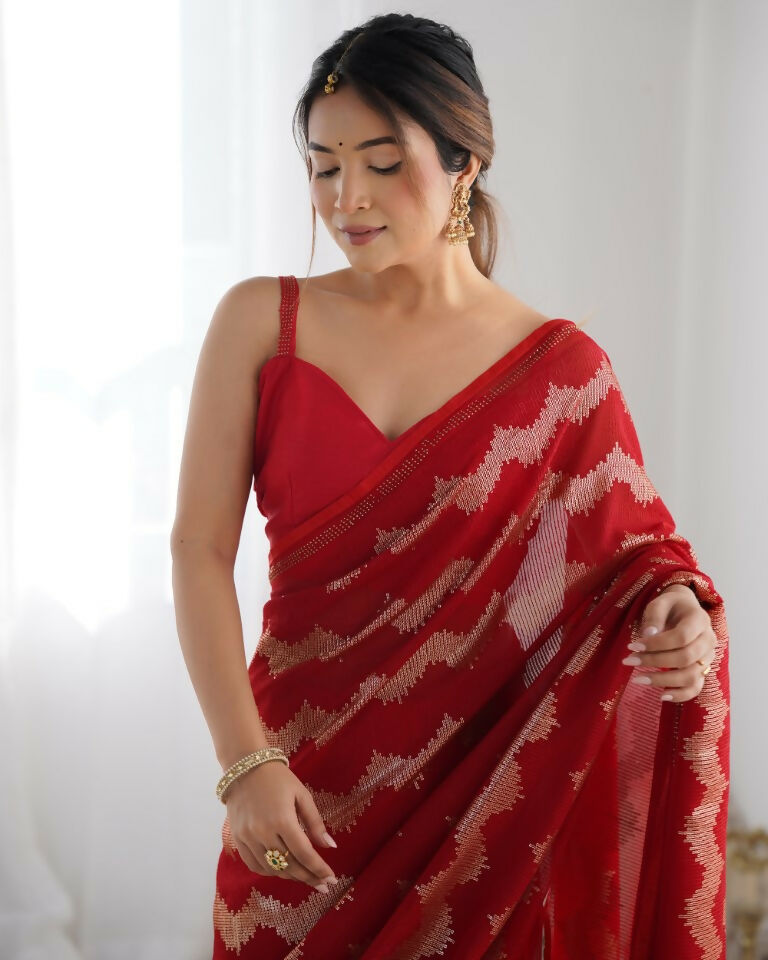 Red Georgette Sequance Embroidery Work Border Saree - Sitare