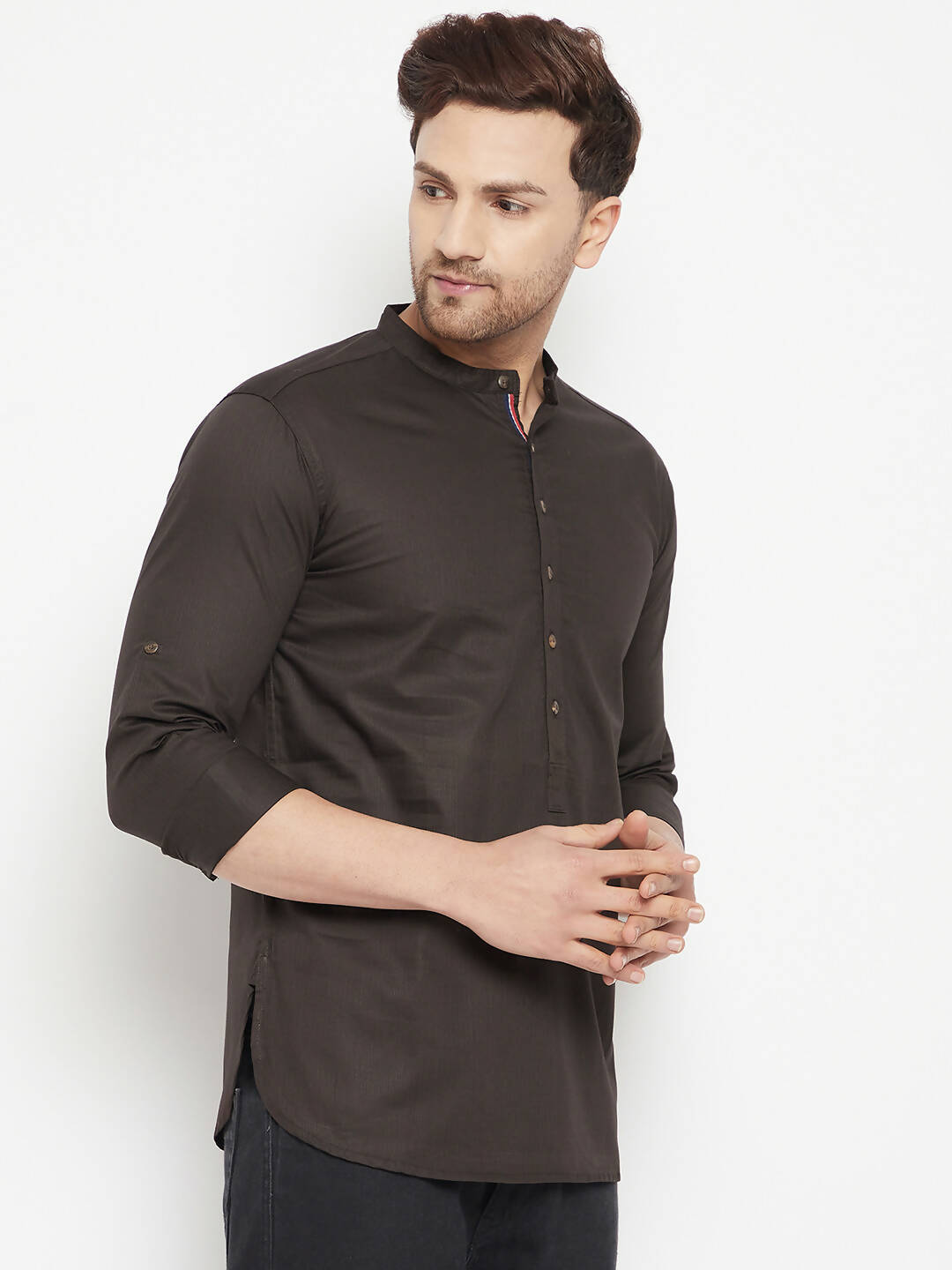 Even Apparels Brown Pure Cotton short Men's Kurta With Band Collar 