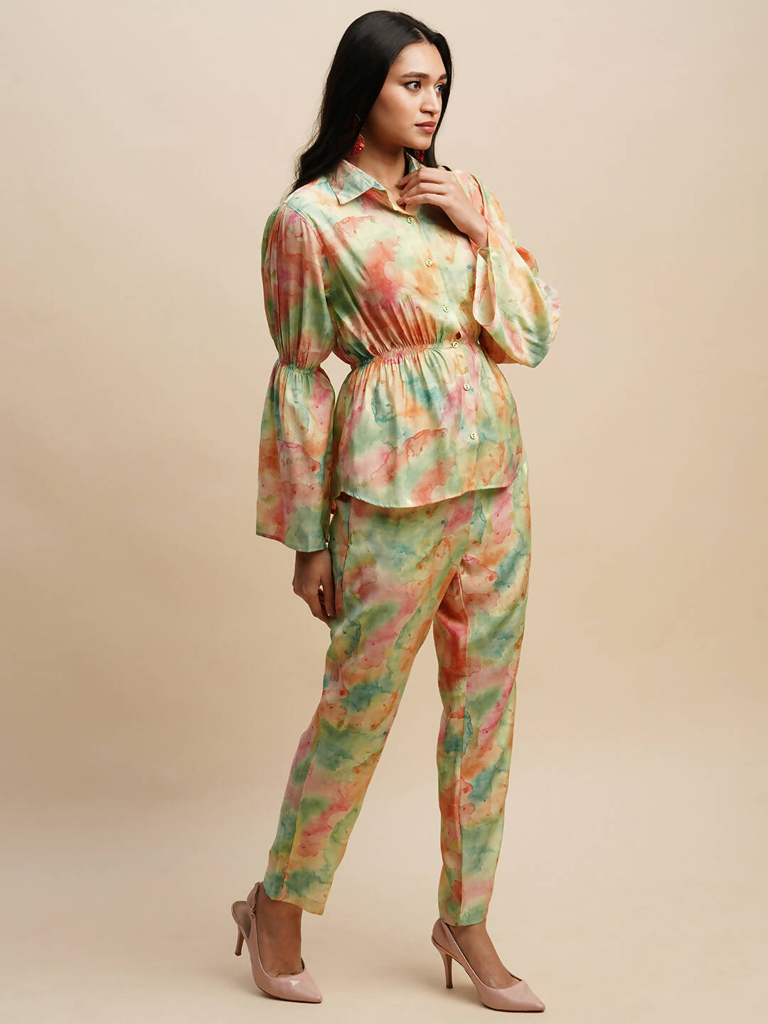 Light Green & Orange Poly Rayon Tie and dye Printed Top with Matching Trouser - Shivani