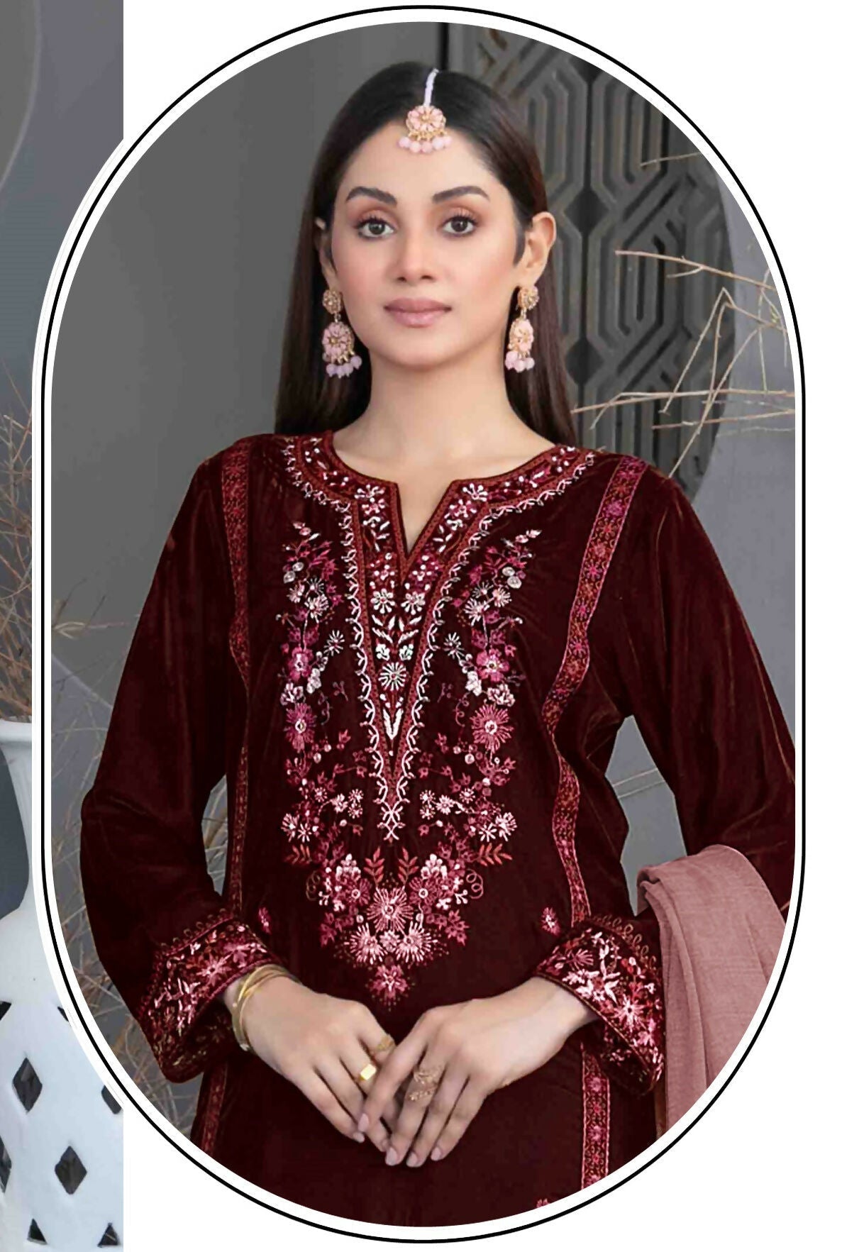 Anaita Maroon Velvet Suit with Embroidery Sequence Work 