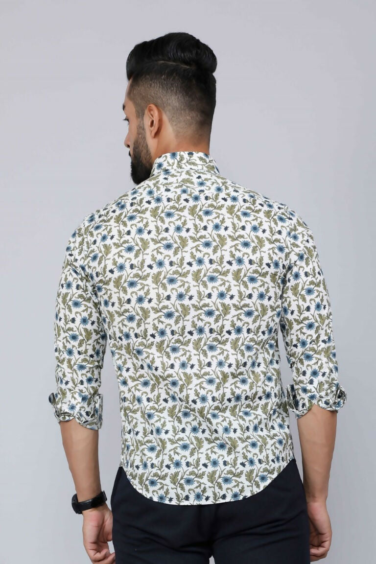 Miravan Men's White & Blue Floral Print Cotton Regular Fit Shirt 