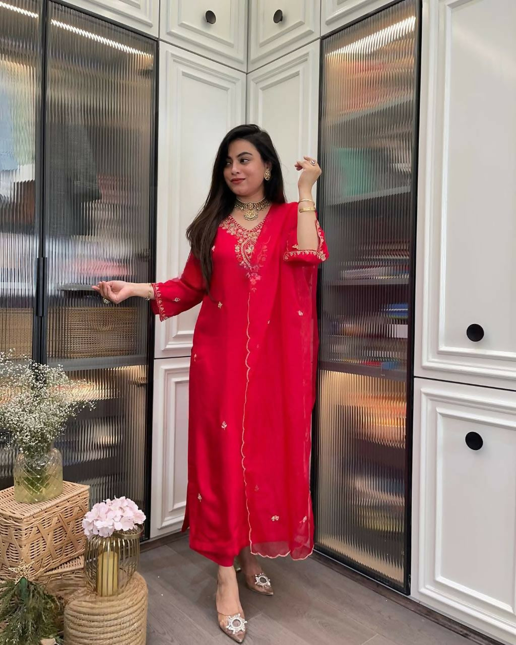 The52 Red Beautiful Embroidered Rayon Fabric Straight Kurta Pant with Dupatta Set | Grab2Buy