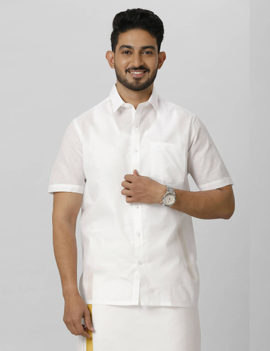 Ramraj Cotton Mens Half Sleeve Formal Poly Cotton White Shirt 